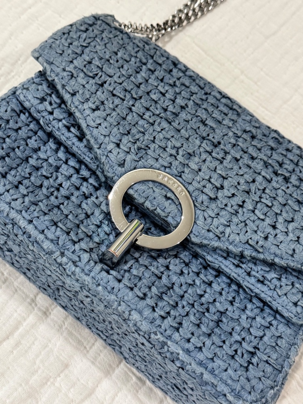 Sandro Raffia YZA Blue Woven Shoulder Bag with Chain Strap - Picture 4 of 8